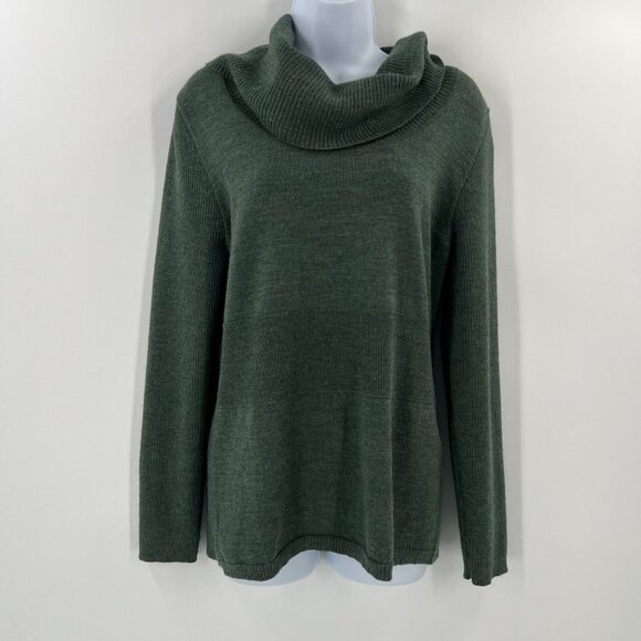 Carole Little Sweater XL Green 100% Italian Merino Wool Cowl Neck Ribbed Knit - Picture 1 of 8